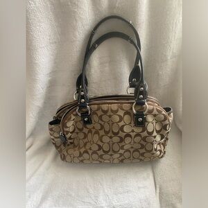 COACH Signature Canvas Carryall MultiPocket Handbag Beige w/ Black Leather Trim